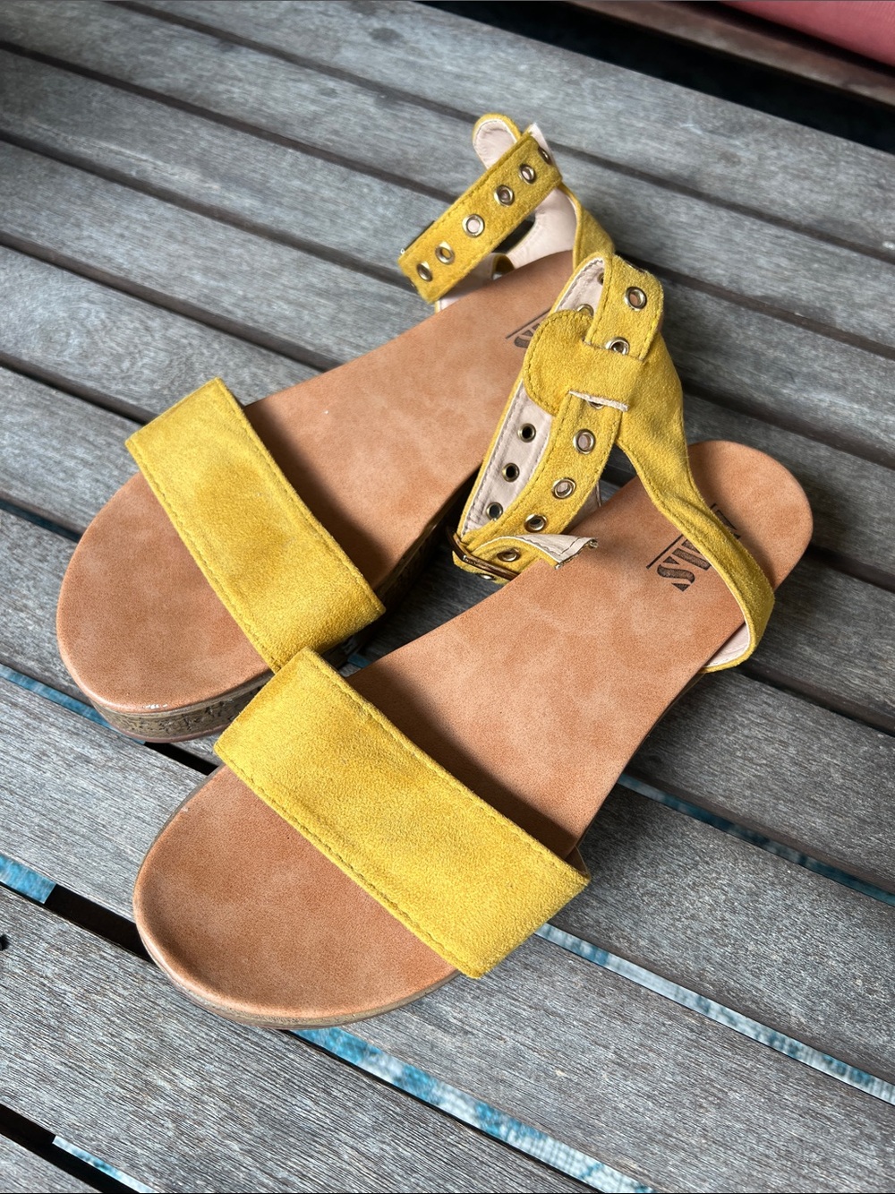 Yellow Suede Ankle-Strap Sandals with Eyelet Detail